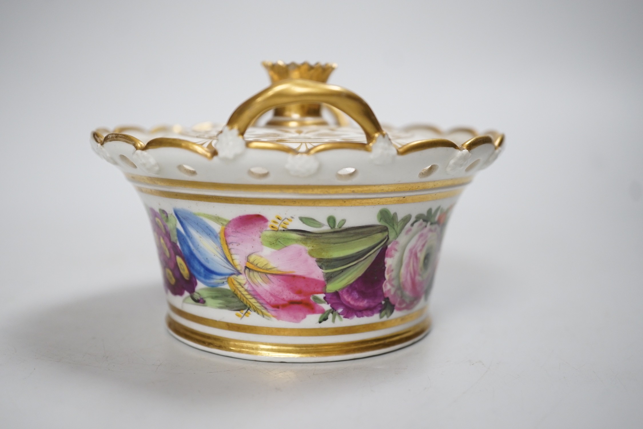 A Coalport pot pourri basket and cover painted with flowers, perhaps in the workshop of Thomas Baxter c.1805-10